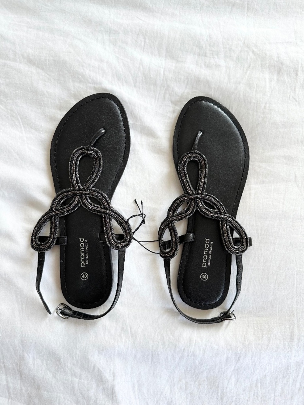 🆕 Promod Leather Black Beaded Sandals Size US 9